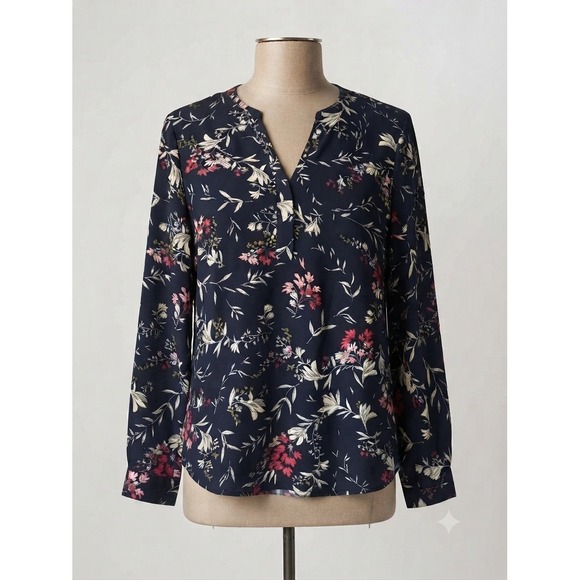 Hilary Radley Tops - Hilary Radley Womens Navy Blue Floral Split V-Neck Long Sleeve Blouse Size M NWT